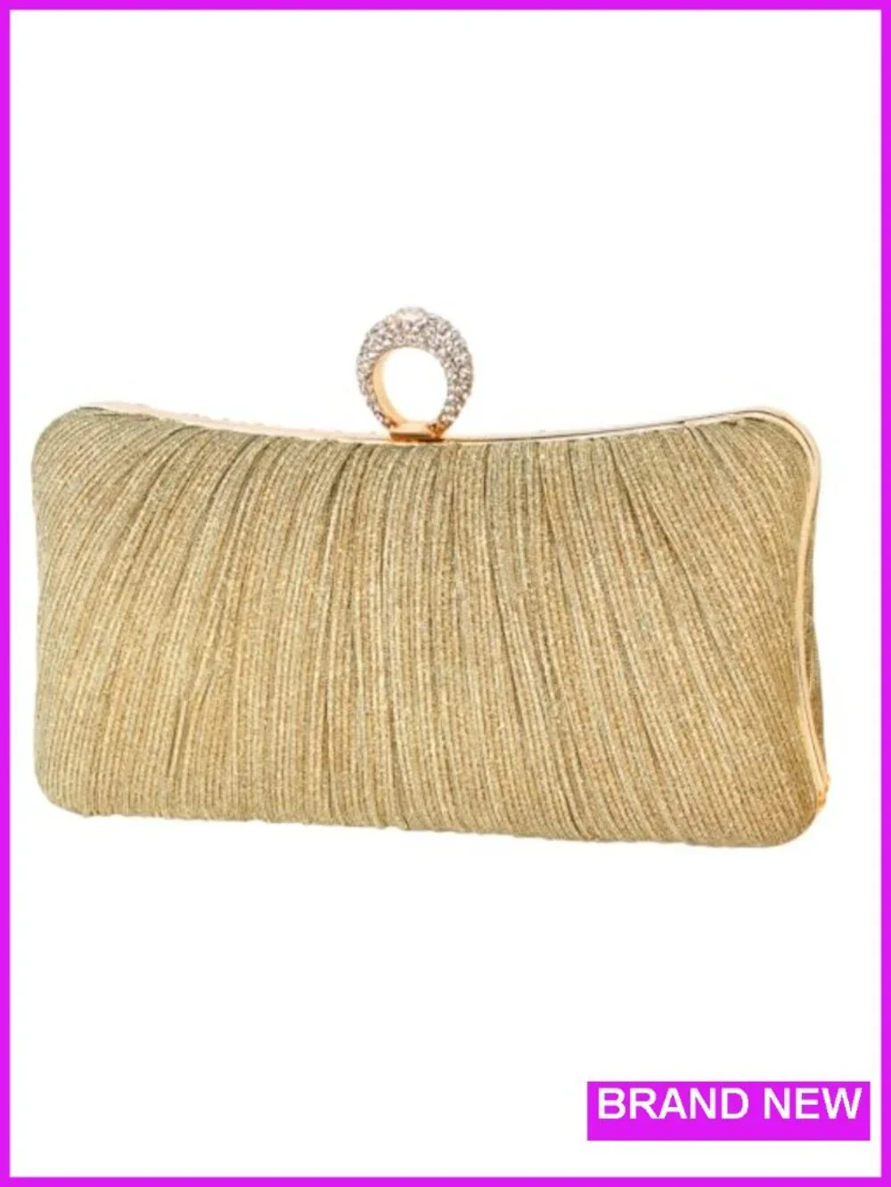 Womens Golden Glitter Clutch Purse Pleated Evening Bag with Rhinestone Ring